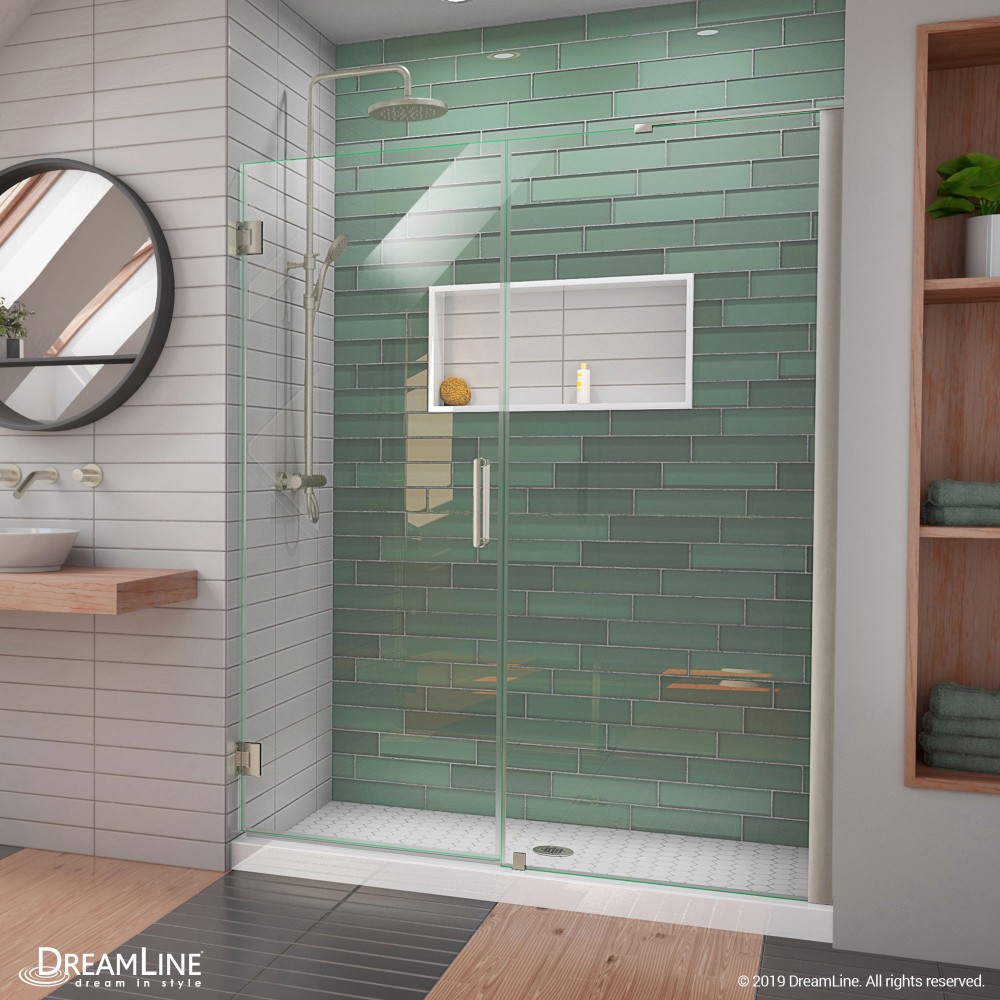 Unidoor-LS 56-57 in. W x 72 in. H Frameless Hinged Shower Door with L-Bar in Brushed Nickel