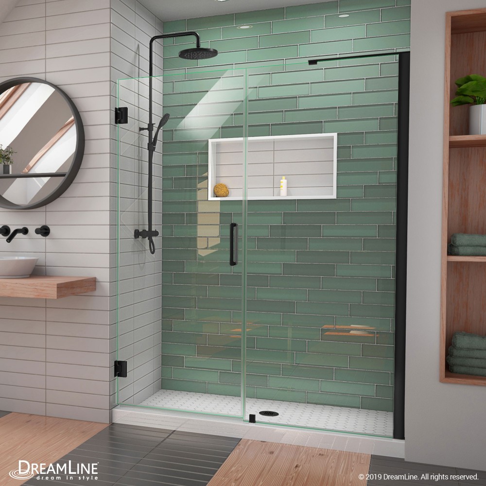 Unidoor-LS 57-58 in. W x 72 in. H Frameless Hinged Shower Door with L-Bar in Satin Black