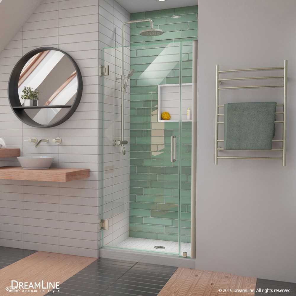 Unidoor-LS 29-30 in. W x 72 in. H Frameless Hinged Shower Door in Brushed Nickel