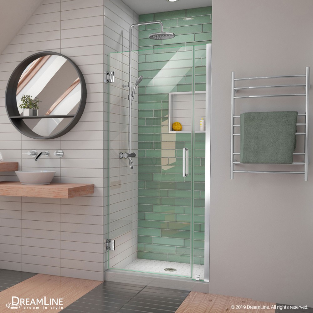 Unidoor-LS 32-33 in. W x 72 in. H Frameless Hinged Shower Door in Chrome