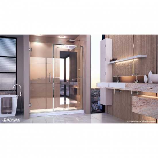 Unidoor Mira 58-58 1/4 in. W x 72 in. H Frameless Hinged Shower Door in Chrome