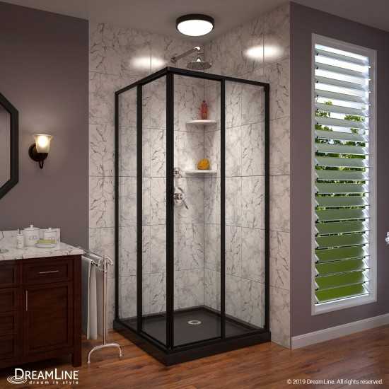 Cornerview 42 in. D x 42 in. W x 74 3/4 in. H Framed Sliding Shower Enclosure and Shower Base Kit in Satin Black