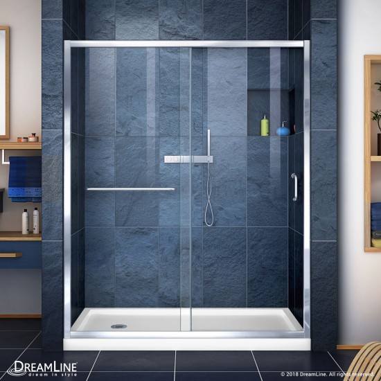 Infinity-Z 30 in. D x 60 in. W x 74 3/4 in. H Clear Sliding Shower Door in Chrome and Left Drain White Base