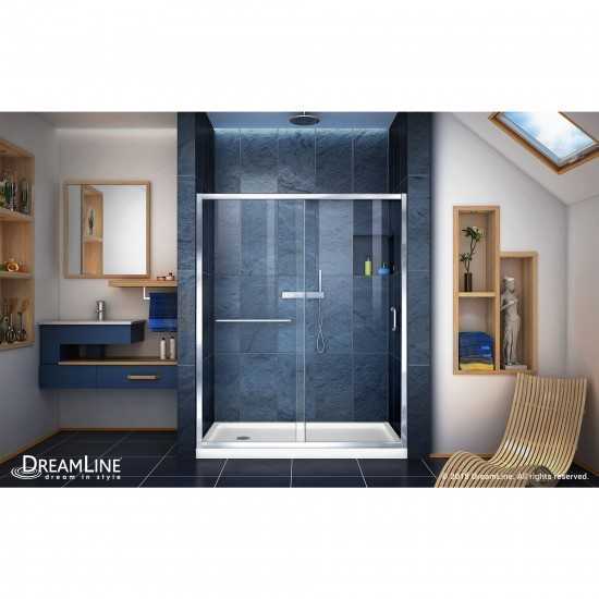 Infinity-Z 30 in. D x 60 in. W x 74 3/4 in. H Clear Sliding Shower Door in Chrome and Left Drain White Base