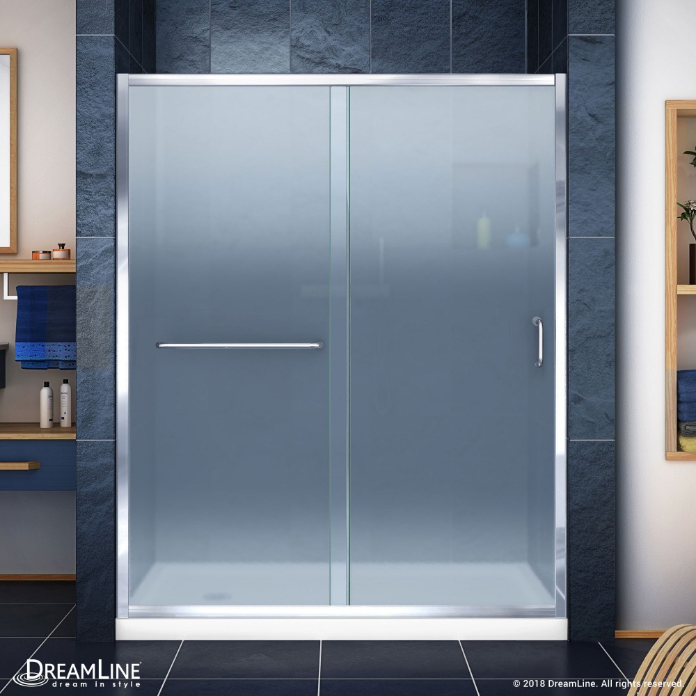 Infinity-Z 30 in. D x 60 in. W x 74 3/4 in. H Frosted Sliding Shower Door in Chrome and Left Drain White Base