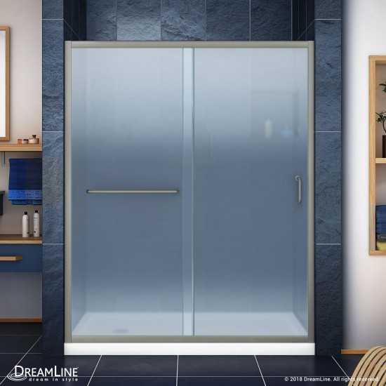 Infinity-Z 30 in. D x 60 in. W x 74 3/4 in. H Frosted Sliding Shower Door in Brushed Nickel and Left Drain White Base