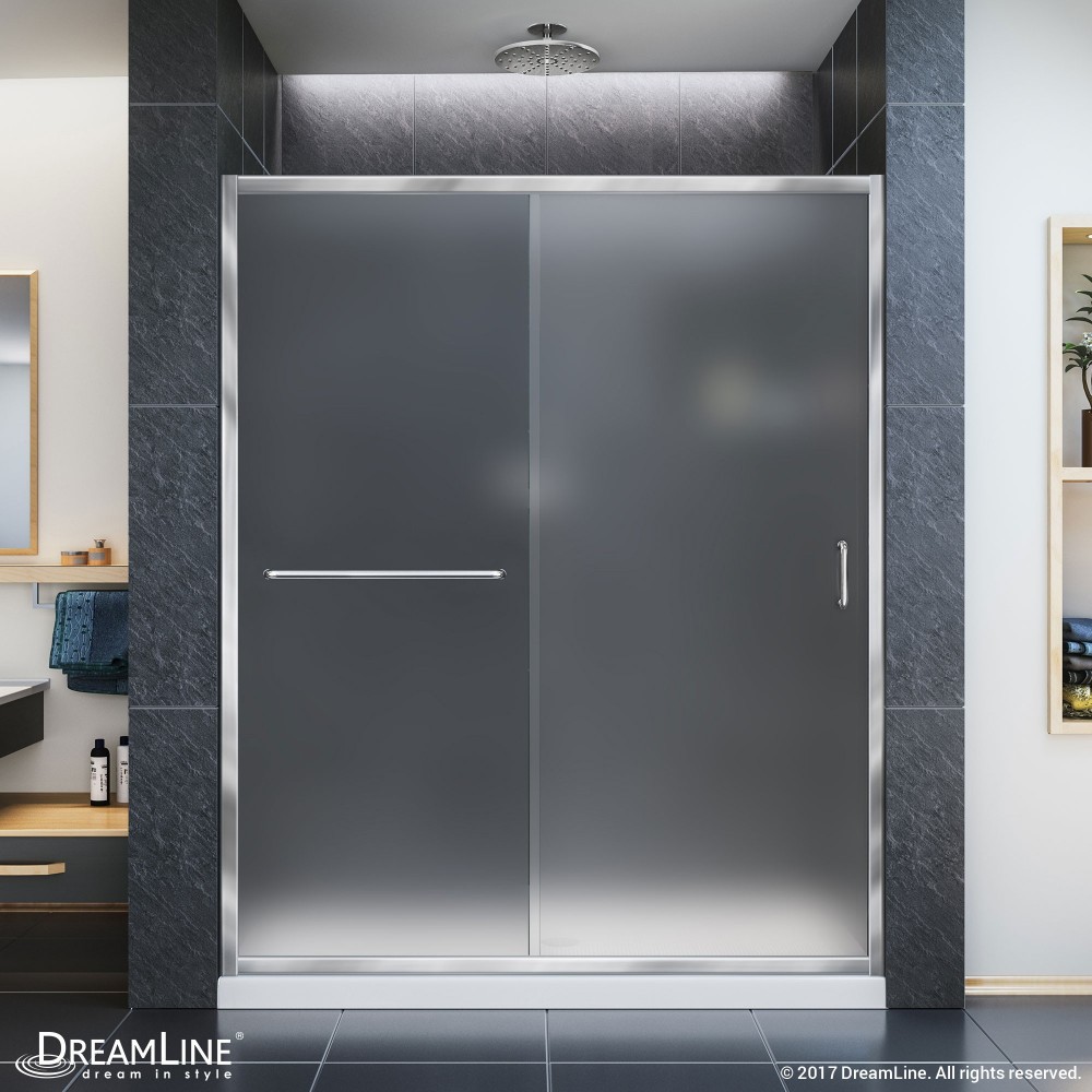 Infinity-Z 32 in. D x 60 in. W x 74 3/4 in. H Frosted Sliding Shower Door in Chrome and Center Drain White Base