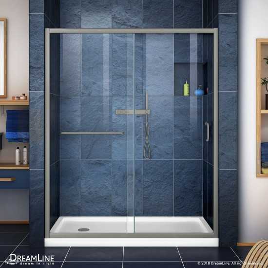 Infinity-Z 32 in. D x 60 in. W x 74 3/4 in. H Clear Sliding Shower Door in Brushed Nickel and Left Drain White Base