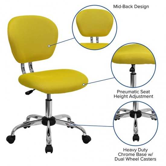 Mid-Back Yellow Mesh Padded Swivel Task Office Chair with Chrome Base