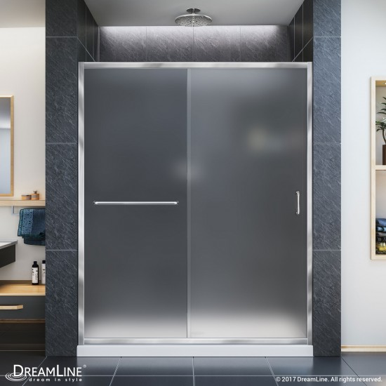 Infinity-Z 36 in. D x 60 in. W x 74 3/4 in. H Frosted Sliding Shower Door in Chrome and Center Drain White Base