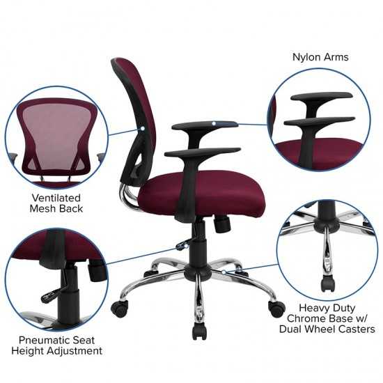 Mid-Back Burgundy Mesh Swivel Task Office Chair with Chrome Base and Arms