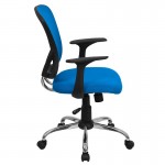 Mid-Back Blue Mesh Swivel Task Office Chair with Chrome Base and Arms