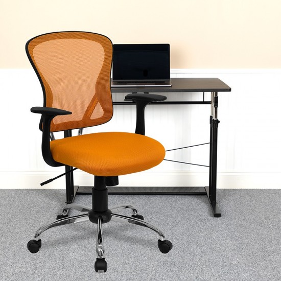 Mid-Back Orange Mesh Swivel Task Office Chair with Chrome Base and Arms