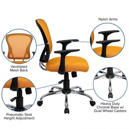 Mid-Back Orange Mesh Swivel Task Office Chair with Chrome Base and Arms