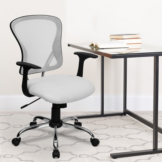 Mid-Back White Mesh Swivel Task Office Chair with Chrome Base and Arms