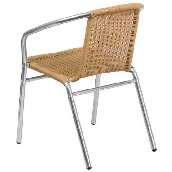 Commercial Aluminum and Beige Rattan Indoor-Outdoor Restaurant Stack Chair