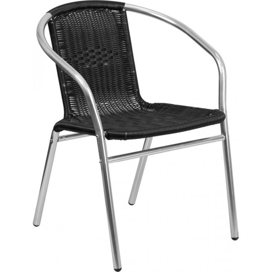 Commercial Aluminum and Black Rattan Indoor-Outdoor Restaurant Stack Chair