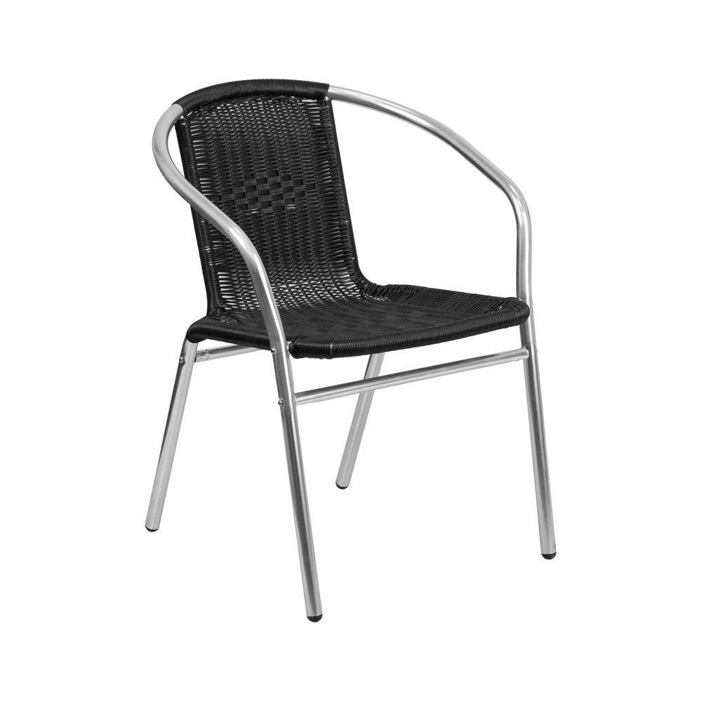 Commercial Aluminum and Black Rattan Indoor-Outdoor Restaurant Stack Chair