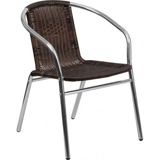 Commercial Aluminum and Dark Brown Rattan Indoor-Outdoor Restaurant Stack Chair