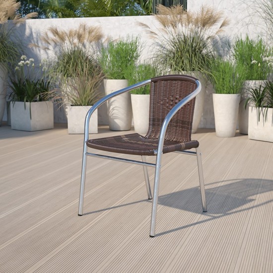 Commercial Aluminum and Dark Brown Rattan Indoor-Outdoor Restaurant Stack Chair