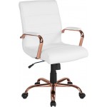 Mid-Back White LeatherSoft Executive Swivel Office Chair with Rose Gold Frame and Arms