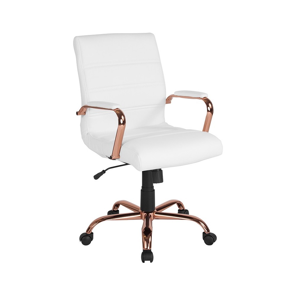 Mid-Back White LeatherSoft Executive Swivel Office Chair with Rose Gold Frame and Arms