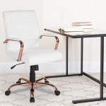 Mid-Back White LeatherSoft Executive Swivel Office Chair with Rose Gold Frame and Arms