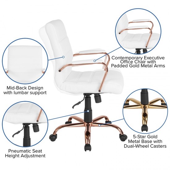 Mid-Back White LeatherSoft Executive Swivel Office Chair with Rose Gold Frame and Arms