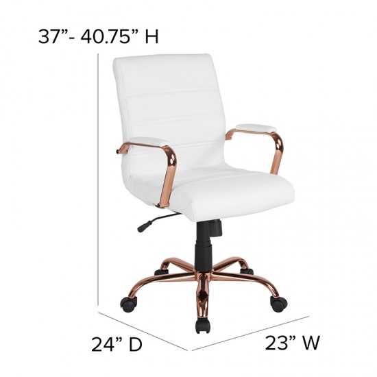 Mid-Back White LeatherSoft Executive Swivel Office Chair with Rose Gold Frame and Arms