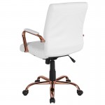 Mid-Back White LeatherSoft Executive Swivel Office Chair with Rose Gold Frame and Arms