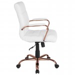 Mid-Back White LeatherSoft Executive Swivel Office Chair with Rose Gold Frame and Arms