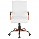 Mid-Back White LeatherSoft Executive Swivel Office Chair with Rose Gold Frame and Arms