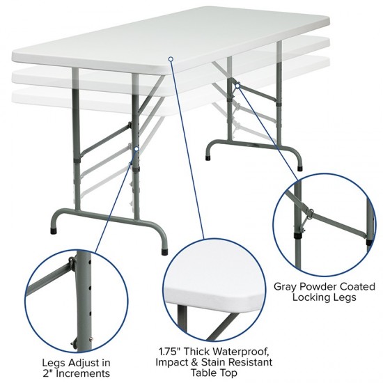 6-Foot Height Adjustable Granite White Plastic Folding Table