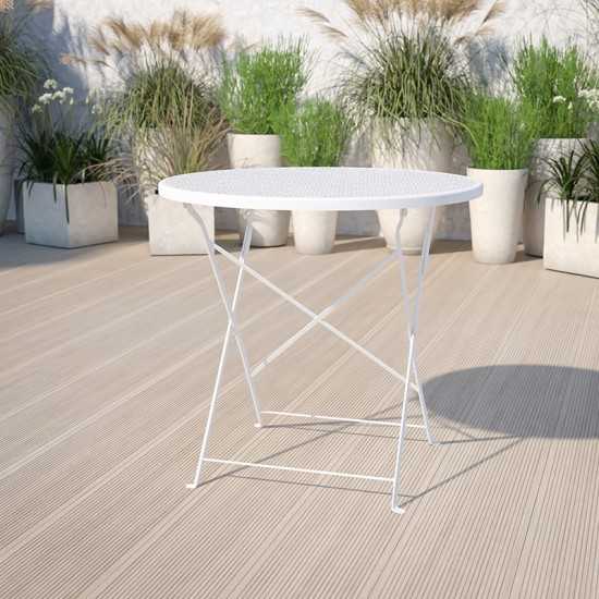 Commercial Grade 30" Round White Indoor-Outdoor Steel Folding Patio Table