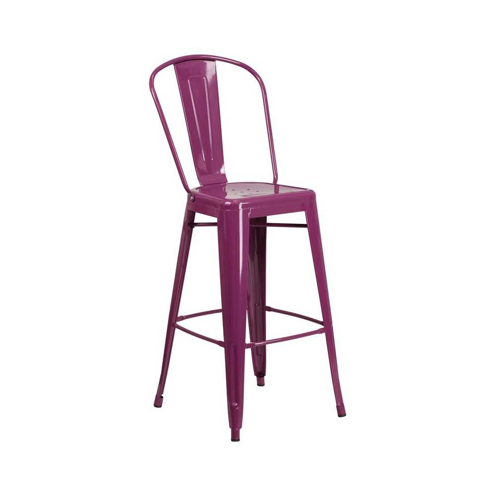 Commercial Grade 30" High Purple Metal Indoor-Outdoor Barstool with Back