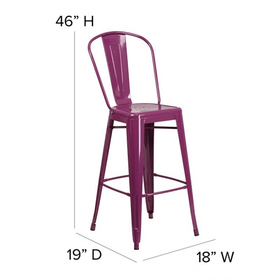 Commercial Grade 30" High Purple Metal Indoor-Outdoor Barstool with Back