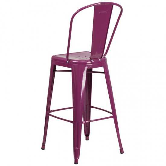 Commercial Grade 30" High Purple Metal Indoor-Outdoor Barstool with Back