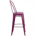 Commercial Grade 30" High Purple Metal Indoor-Outdoor Barstool with Back