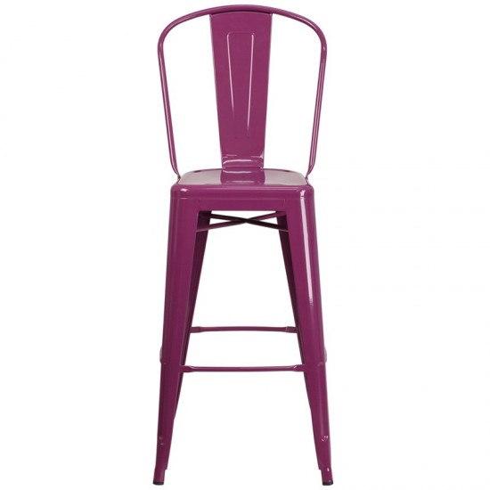 Commercial Grade 30" High Purple Metal Indoor-Outdoor Barstool with Back