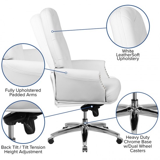 High Back Traditional Tufted White LeatherSoft Multifunction Executive Swivel Ergonomic Office Chair with Arms