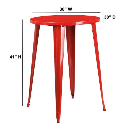 Commercial Grade 30" Round Red Metal Indoor-Outdoor Bar Height Table