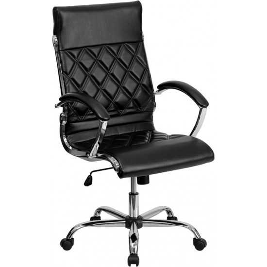 High Back Designer Quilted Black LeatherSoft Executive Swivel Office Chair with Chrome Base and Arms