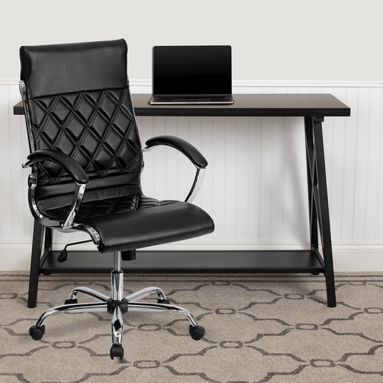 High Back Designer Quilted Black LeatherSoft Executive Swivel Office Chair with Chrome Base and Arms