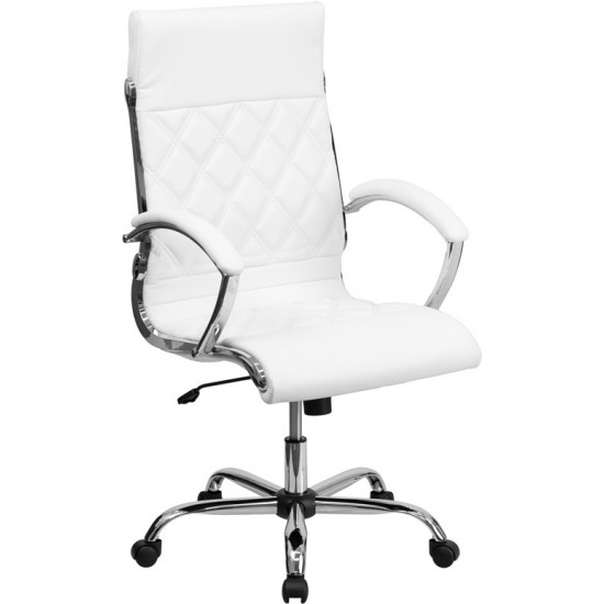 High Back Designer Quilted White LeatherSoft Executive Swivel Office Chair with Chrome Base and Arms