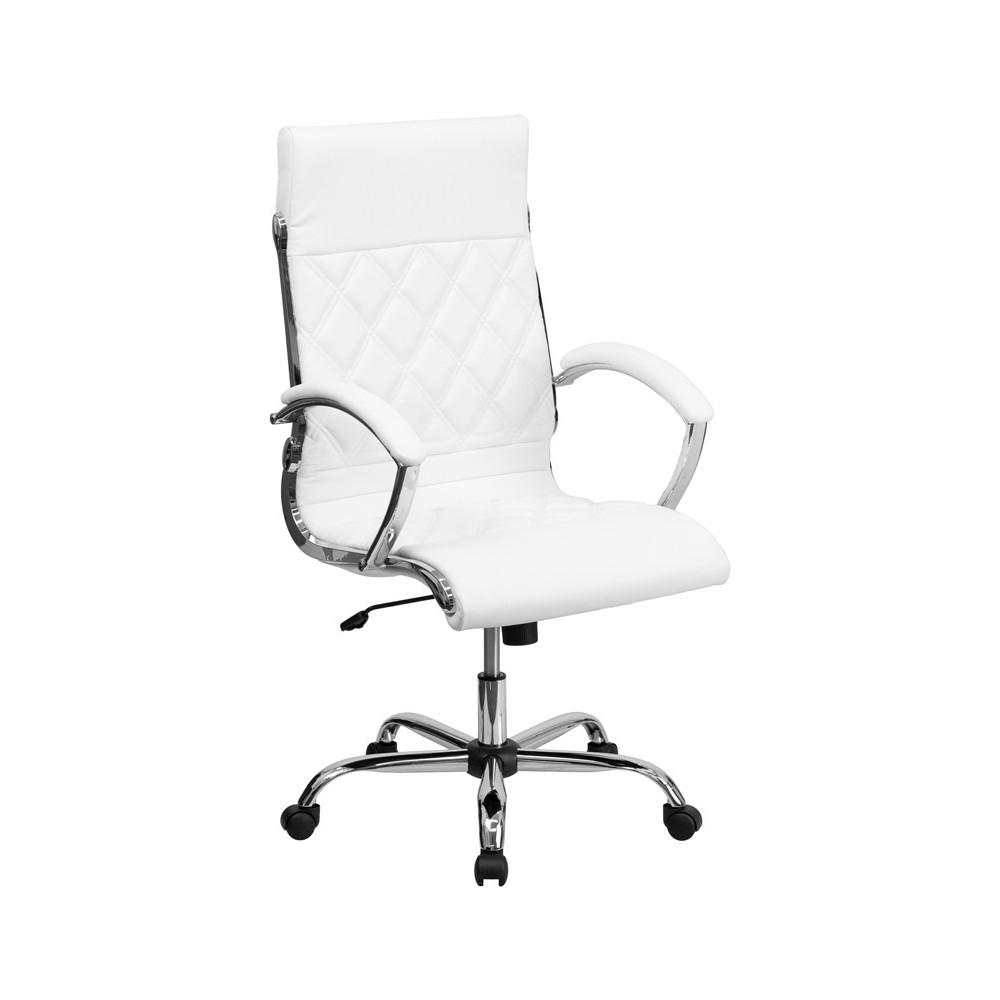 High Back Designer Quilted White LeatherSoft Executive Swivel Office Chair with Chrome Base and Arms