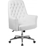 Mid-Back Traditional Tufted White LeatherSoft Executive Swivel Office Chair with Arms