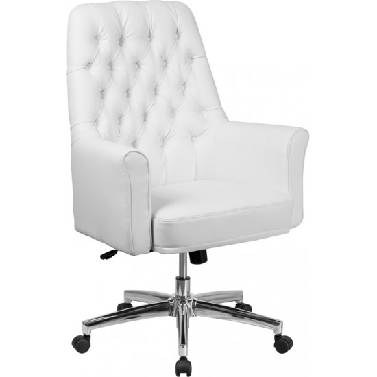 Mid-Back Traditional Tufted White LeatherSoft Executive Swivel Office Chair with Arms