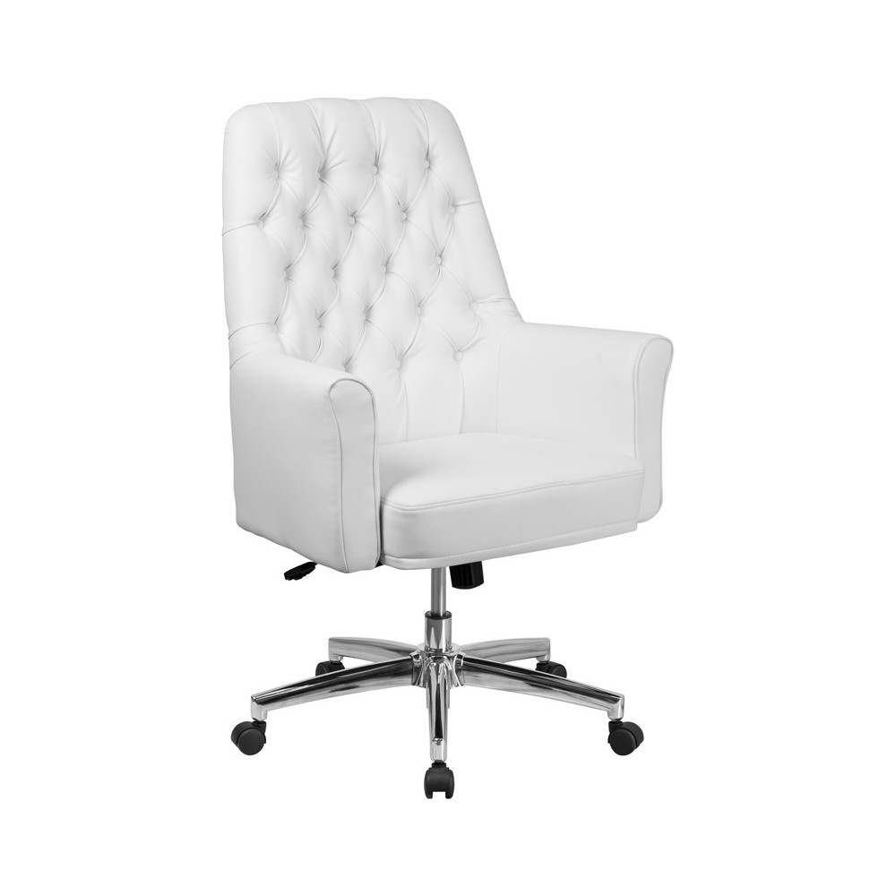 Mid-Back Traditional Tufted White LeatherSoft Executive Swivel Office Chair with Arms