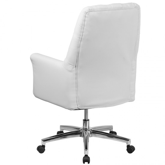 Mid-Back Traditional Tufted White LeatherSoft Executive Swivel Office Chair with Arms