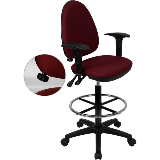 Mid-Back Burgundy Fabric Multifunction Ergonomic Drafting Chair with Adjustable Lumbar Support and Adjustable Arms
